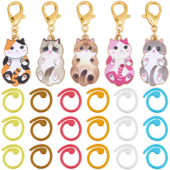 Couleur Mélangete Outil à tricoter en plastique, porte-marqueurs au crochet, pendentif décoratif en alliage émaillé avec chat, couleur mixte, 1.45x1.35x0.1 cm
