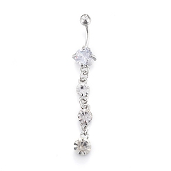 Platinum Piercing Jewelry, Brass Cubic Zirciona Navel Ring, Belly Rings, with 304 Stainless Steel Bar, Platinum, 65mm, Bar: 15 Gauge(1.5mm), Bar Length: 3/8"(10mm)