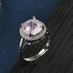 Pink 925 Кольца из стерлингового серебра с микропаве из кубических цирконий, плоско-круглые, платина, розовые, 13 мм, размер США 7 1/4 (17.5 мм)