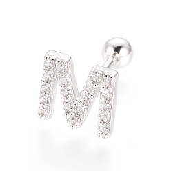 Letter M Boucles d'oreilles en argent sterling plaqué rhodium, micro pavé, zircone cubique transparente, haltère, cartilage, letter.m, 925mm, pin: 6.5x7x1.5 mm