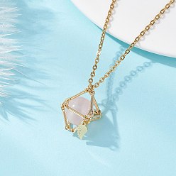 Перо Латунный мешочек в технике макраме с натуральным розовым кварцем внутри и 304 подвесками из нержавеющей стали для женщин, золотые, перо, 15.75 дюйм (40 см), перо: 10.5x4x1 мм