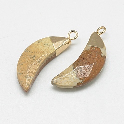 Picture Jasper Natural Picture Jasper Pendants, Faceted, Moon, with Golden Tone Brass Findings, 26~28x10~11x5~6mm, Hole: 1~2mm
