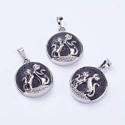 Лавовый камень Подвески из натуральной лавы, с латунной фурнитурой , плоские круглые с лисой, платина, 28~29x23~24x9~10 мм, отверстие : 5x7 мм