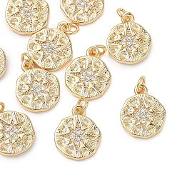 Plaqué 18K Or Véritable Pendentifs en laiton Shegrace avec micro-pavé de zircone cubique transparente, charmes rondes plates, sans cadmium et sans plomb et sans nickel, réel 18 k plaqué or, 13.5x10.5x2mm, Trou: 2.5mm