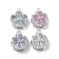 Echt platiniert Messing Mikro ebnen Zirkonia Charme, mit Mischfarbglas, Blumencharme, Echt platiniert, 13x11x4 mm, Bohrung: 1.2 mm