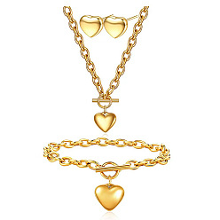 Золотой Сердце 304 ожерелья с подвесками из нержавеющей стали, браслеты с подвесками и серьги-гвоздики, золотые, 475мм и 170мм и 17.5мм