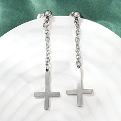 Нержавеющая Сталь Цвет Христианский перевернутый крест 201 Серьги-гвоздики из нержавеющей стали, с 304 штифтов из нержавеющей стали, цвет нержавеющей стали, 54.5x12.5 мм