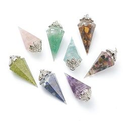 Mixed Stone Resin Pointed Pendants, with Natural Mixed Gemstone Inside and Platinum Brass Findings, Faceted, Cone/Spike/Pendulum, 43.5x17x19.5mm, Jump Ring: 6x1mm, 4mm Inner Diameter