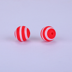 Red Printed Round with Stripe Pattern Silicone Focal Beads, Red, 15x15mm, Hole: 2mm