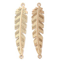 Light Gold Rack Plating Brass Connector Charms, Etched Metal Embellishments, Long-Lasting Plated, Feather Links, Light Gold, 36.5x8x0.3mm, Hole: 1.5mm
