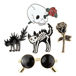 Mixed Color 5Pcs 5 Style Alloy Enamel Brooches, Enamel Pin, with Butterfly Clutches, Rose & Sunglasses & Skull with Rose & Cat Shape, Mixed Color, 19~33x16~42x2~2.5mm, Pin: 1mm, 1pc/style