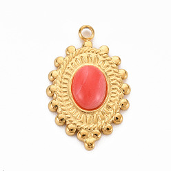 Помидор 304 подвески из нержавеющей стали, с белым агатом, овальные, окрашенная и подогревом, помидор, 23.5x15x4~5 мм, отверстие : 1.8 мм