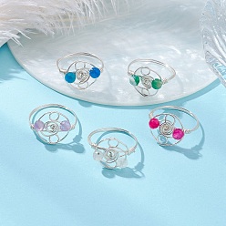 Смешанные камни Кольца для женщин с натуральным полосатым агатом, огненным треском, полосатым агатом, аметистом и радужным лунным камнем, женские кольца из медной проволоки, внутренний диаметр: 18 мм, 5 шт / комплект