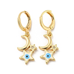 White Golden Brass Dangle Leverback Earrings, with Enamel and Cubic Zirconia, Moon & Star with Evil Eye, White, 32x11mm