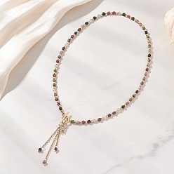 Золотой Натуральный многоцветный турмалин, ограненный куб, бисер из латуни, микропаве, прозрачный кубический цирконий, подвеска в виде бабочки, колье-лариата для женщин., золотые, 17.99 дюйм (45.7 см)