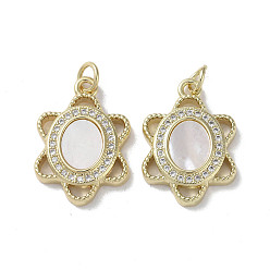 Real 18K Gold Plated Brass Micro Pave Cubic Zirconia Pendants, Cadmium Free & Lead Free, with Shell, Flower, Real 18K Gold Plated, 21x14.5x3mm, Hole: 3mm