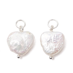 Серебро Подвески из натурального барочного жемчуга кеши, Подвески в форме сердца с фурнитурой из латуни и нержавеющей стали., цветочный белый, серебряные, 304 мм, Перейти кольцо: 16~16.5x12~13.5x4.5~5 мм, внутренний диаметр: 5.5x1 мм