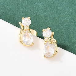 Настоящее золото 18K Серьги-гвоздики из латуни в форме кошки с микропаве и прозрачным фианитом, долговечный, стойки покрытие, без кадмия и без свинца, реальный 18 k позолоченный, 11x5 мм