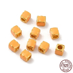 Orange Couleur or mat 925 perles en argent sterling, avec l'émail, carrée, orange, 3x2.5x2.5mm, Trou: 1.4mm