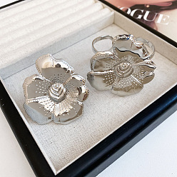 Argent Ensemble bracelet et bague à manchette ouverte en fer pour femme, fleur, argenterie, diamètre intérieur: 60 mm