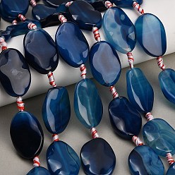 Steel Blue Natural Agate Beads Strands, Dyed & Heated, Twisted Flat Oval, Steel Blue, 29~31.5x20~22.5x6.5~7.5mm, Hole: 2mm, about 10pcs/strand, 15.63''(39.7cm)