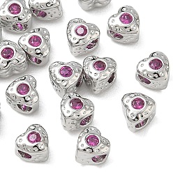 Platinum SHEGRACE Brass Magenta Cubic Zirconia Beads, Texture Heart, Cadmium Free & Lead Free & Nickel Free, Platinum, 5x5x4mm, Hole: 1.6mm