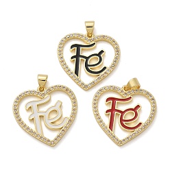 (52) Непрозрачная лаванда Латунные микро проложить кубического циркония подвески, с эмалью, долговечный, без свинца и без кадмия, стойки покрытие, реальный 18 k позолоченный, сердце со словом fe charm, разноцветные, 24x24x2 мм, отверстие : 4x3.5 мм