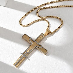 Golden & Stainless Steel Color Two Tone Religion 201 Stainless Steel Jesus Cross Pendant 304 Stainless Steel Box Chain Necklaces, Golden & Stainless Steel Color, 23.82 inch(60.5cm)