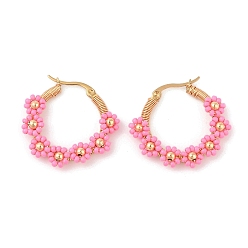 Ярко-Розовый Вакуумное покрытие pvd 304 серьги-кольца из нержавеющей стали в форме цветка, со стеклянным бисером, золотые, ярко-розовый, 29.5x5 мм