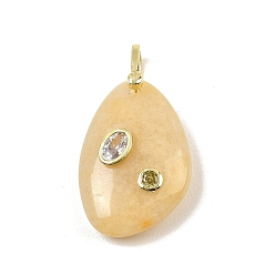 Old Yellow Jade Подвески из натурального старого желтого нефрита, с фурнитурой из латуни и кубического циркония., слезинки, золотые, 30.5x20~20.5x8~8.5 мм, отверстие : 9x4.5 мм