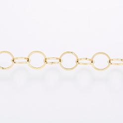 Золотой Ионное покрытие ручной работы (ip) 304 кабельные цепи из нержавеющей стали, пайки, с катушкой, Плоско-овальные, золотые, 5x0.3 мм, около 65.61 футов (20 м) / рулон