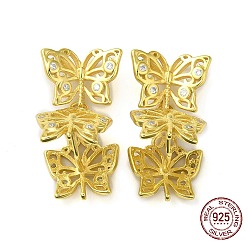 Real 18K Gold Plated Rack Plating 925 Sterling Silver Micro Pave Clear Cubic Zirconia Ice Pick Pinch Bails, Butterfly, Real 18K Gold Plated, 22x12mm, Hole: 4mm, Pin: 0.8mm