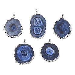Стально-синий Кулоны с кристаллами солнечного кварца из окрашенных природных друзов, окантовка, с латунной поручительств, подсолнечник, серебряные, стальной синий, 40~50x30~45x5~6 мм, отверстие : 4x6 мм