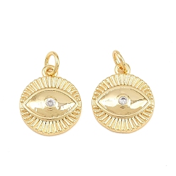 Clear Brass Micro Pave Cubic Zirconia Pendants, Flat Round with Evil Eye Charms, Rack Plating, Long-Lasting Plated, Cadmium Free & Lead Free, Real 18K Gold Plated, Clear, 16x13.5x2.5mm, Hole: 3.5mm