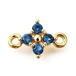 Настоящее золото 18K Звенья из латуни, микропаве, синие кубические циркония, без кадмия, без никеля и без свинца, цветок, реальный 18 k позолоченный, 7.5x11x2.5 мм, отверстие : 1.2 мм