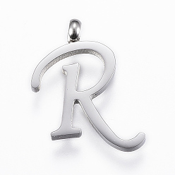 Letter R Устойчивые к потускнению 304 подвески из нержавеющей стали, Начальная буква, буква r, цвет нержавеющей стали, 18x14x2 мм, отверстие : 2 мм