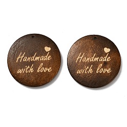 Кокосово-Коричневый Древесины подвески, Плоские круглые подвески с надписью «Сделано с любовью», кокосового коричневый, 39.5~40.5x5~5.5 мм, отверстие : 1.4 мм