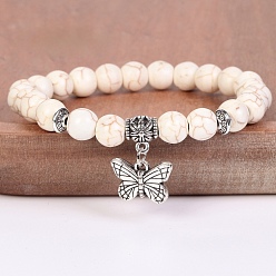 Synthetic Turquoise 8MM Round Dyed Synthetic Turquoise Beaded Stretch Bracelets with Alloy Butterfly Charms, Antique Silver, Beige, 7.48 inch(19cm)