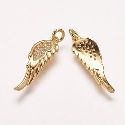 Золотой Латунные микро проложить кубического циркония подвески, крыло, золотые, 25.5x8x2 мм, отверстие : 2.5 мм