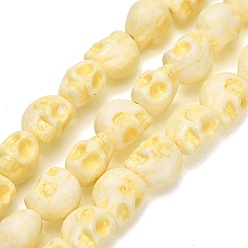 Yellow Vintage Handmade Porcelain Beads Strands, Skull, Fancy Antique Glazed Porcelain, Yellow, 7.5x6.5x7mm, Hole: 1mm, about 50pcs/strand, 15.20''(38.6cm)