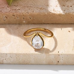 Настоящее золото 18K 304 Кольца из нержавеющей стали с кубическим цирконием для женщин, слеза, реальный 18 k позолоченный, 12x9 мм, внутренний диаметр: 17 мм