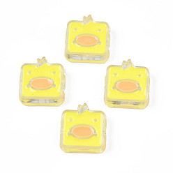 Champagne Yellow Transparent Acrylic Beads, with Enamel, Square with Duck, Champagne Yellow, 24x23x8mm, Hole: 3mm