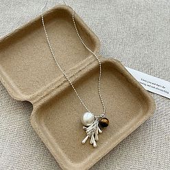 Лист 304 Подвески из нержавеющей стали и натурального тигрового глаза, цвет нержавеющей стали, лист, 27.95 дюйм (71 см), Кулон : 25 мм