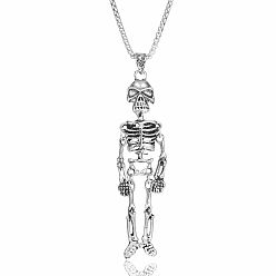 Antique Silver Gothic Alloy Halloween Skeleton Pendant 201 Stainless Steel Chain Necklaces for Men, Antique Silver, 27.56 inch(70cm), pendant: 103x23mm