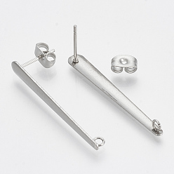 Stainless Steel Color 201 Stainless Steel Stud Earring Findings, with Loop and 304 Stainless Steel Pins, Stainless Steel Color, 35x4mm, Hole: 1.5mm, pin: 0.7mm