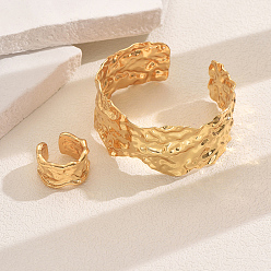 Золотой Элегантный латунный браслет-манжета и набор колец с неровной текстурой для женских праздничных аксессуаров, золотые