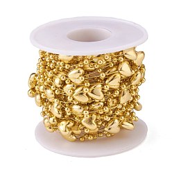 Золотистый Елка сердце и шар из бисера гирлянда, бейка из пластика с бусинами из искусственного жемчуга, для украшения свадебных принадлежностей, с катушкой, золотые, сердце: 9x9x5 мм, круглый: 3 мм, около 10 м / рулон