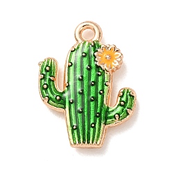 Lime Green Alloy with Enamel Pendants, Cactus with Flower Charms, Golden, Lime Green, 20x15x3mm, Hole: 1.6mm