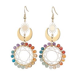 Смешанные камни Серьги-подвески с медной проволокой и натуральными смешанными камнями чакра, Солнце и Луна 201 женские серьги с подвесками из нержавеющей стали, с  латунными крючками для серег, 76x33 мм