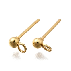 Настоящее золото 18K 201 Выводы серьги из нержавеющей стали шпилька, с петлей и 304 штифтами из нержавеющей стали, круглые, реальный 18 k позолоченный, 14x6x3 мм, отверстие : 1.6 мм, штифты : 11x0.5 мм